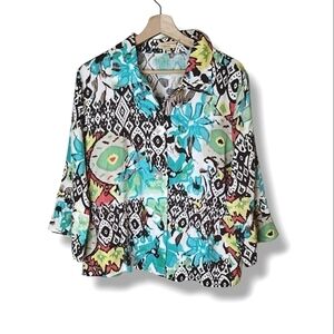 Choices Colorful Floral Linen Button-Up 3/4 Flare Sleeve Shirt  Size L